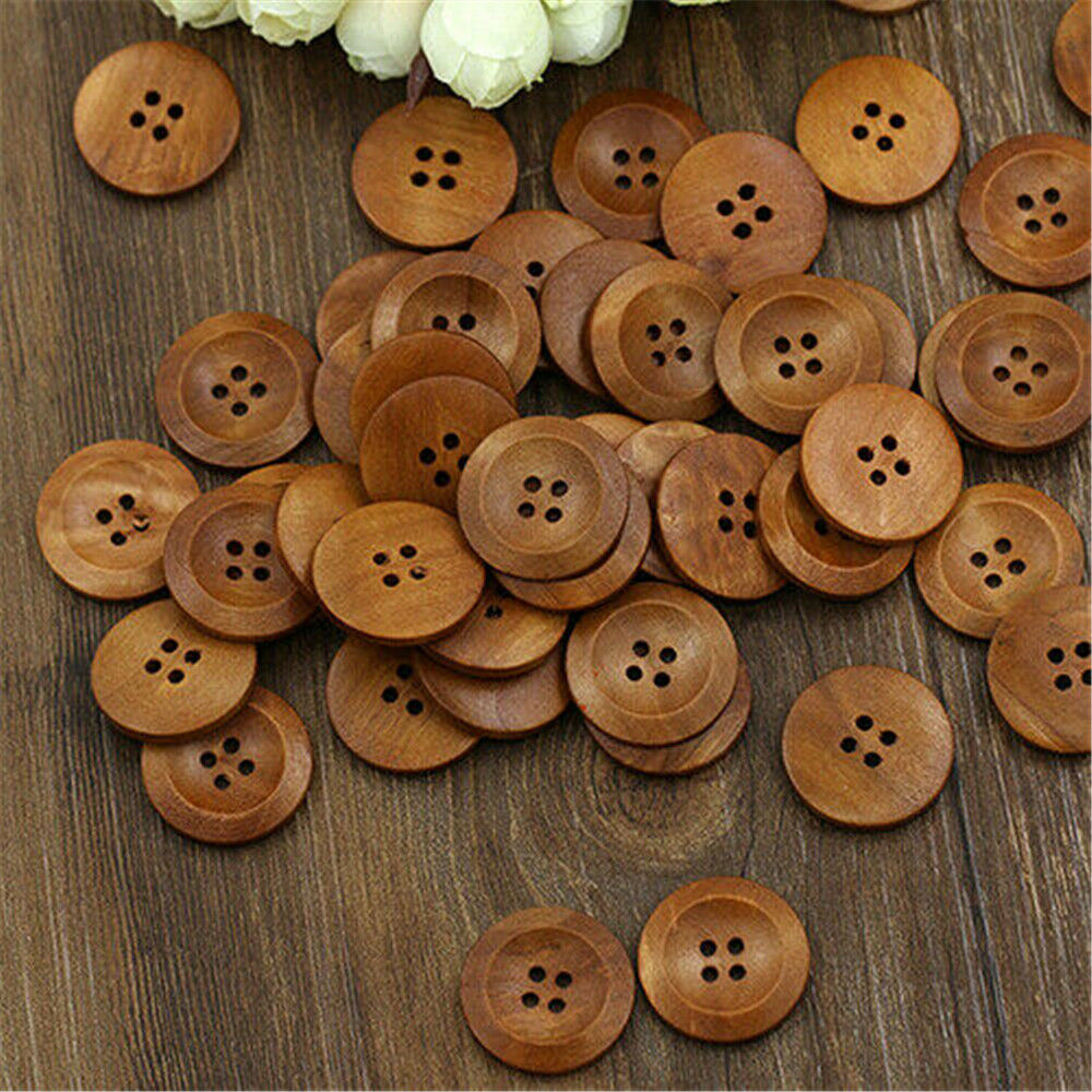 50pcs 25mm Wooden 4 Holes Round Wood Sewing Buttons DIY Crafts Scrapbooking AU