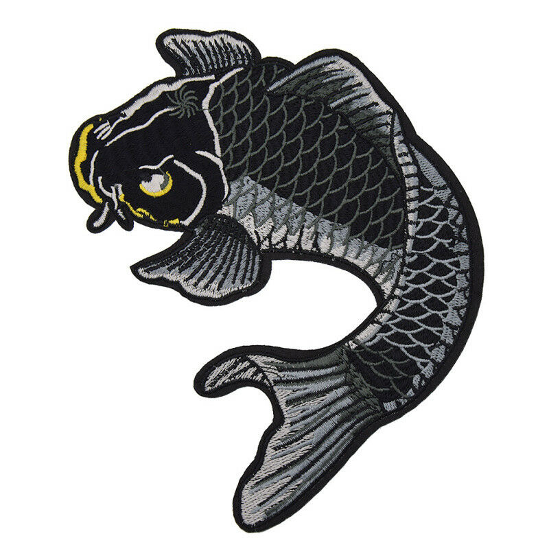 2 Pcs Koi Fish Japanese Sew Iron On Patches Embroidered DIY Applique Black Carp