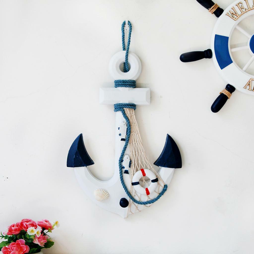 Wooden Nautical Anchor Hanging Decoration Coastal Plaque Blue and White b