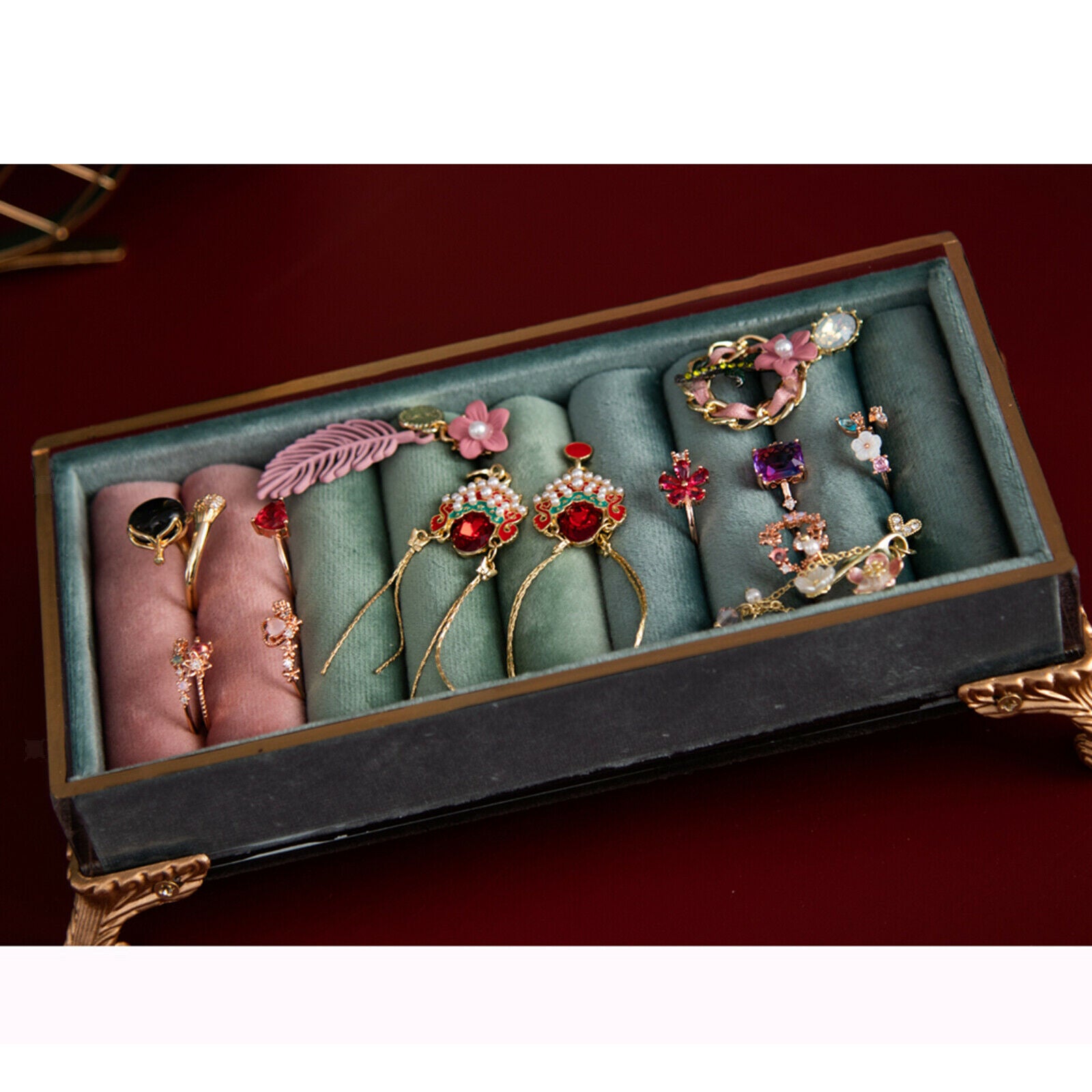 Velvet Jewelry Display Box 8 Slots European Style Earring Travel Light Blue