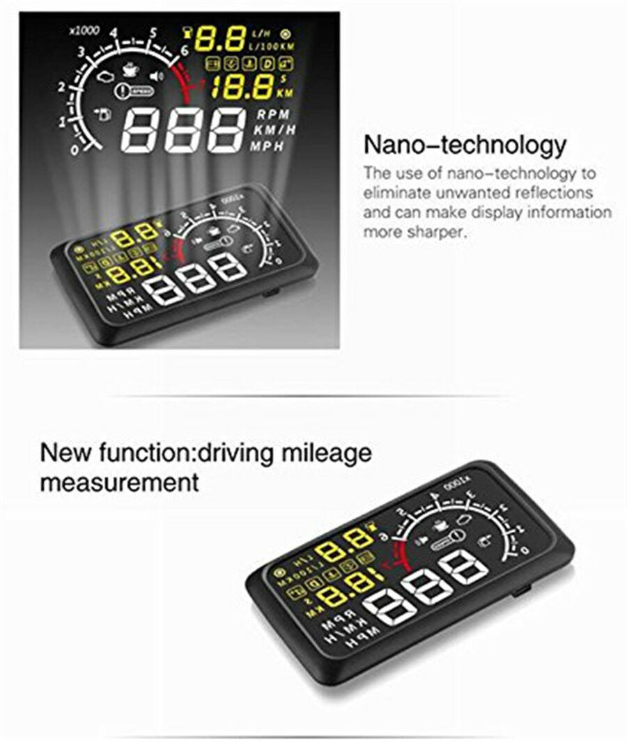 5.5" LCD Car OBD2 HUD Head Up Display Speedometers Engine Speed Driving Mileage