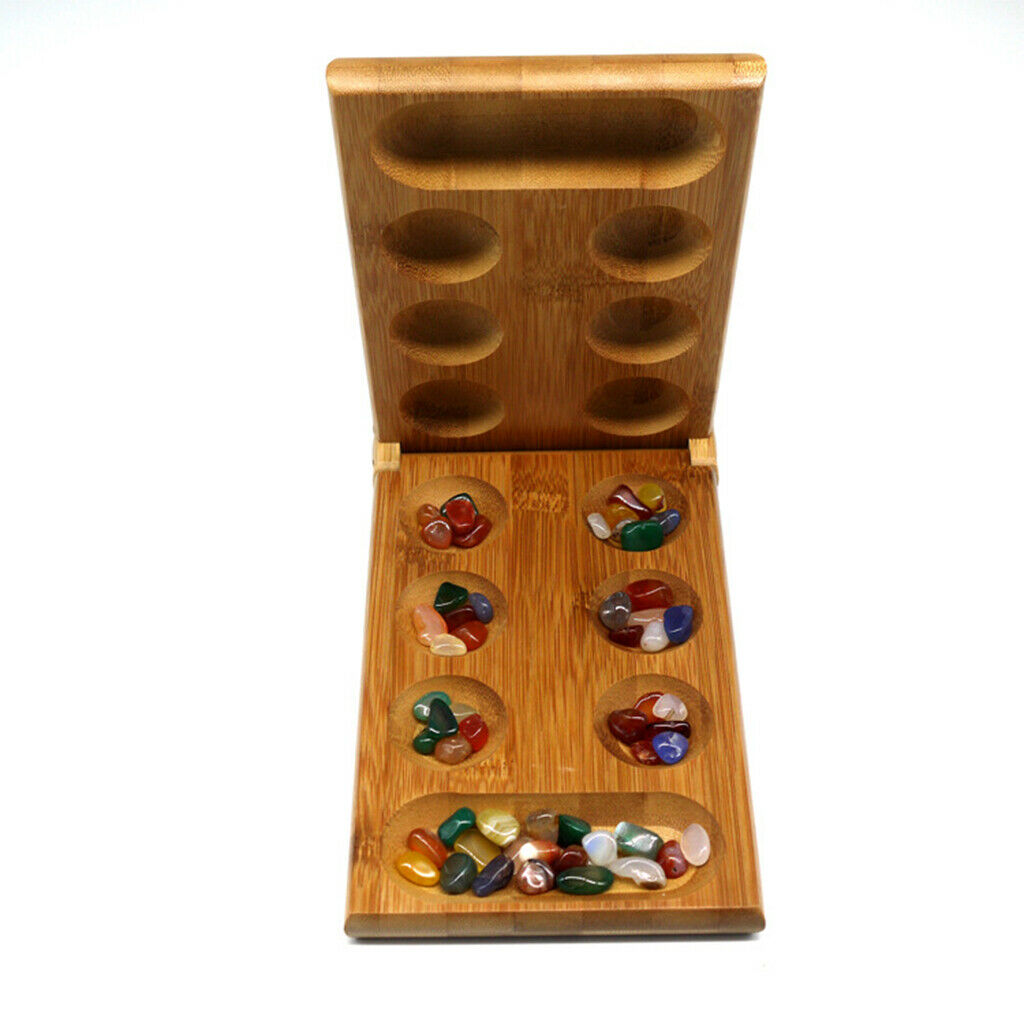 Portable Mancala Board Game for Kids Stones Wood Folding Board Easy to Carry