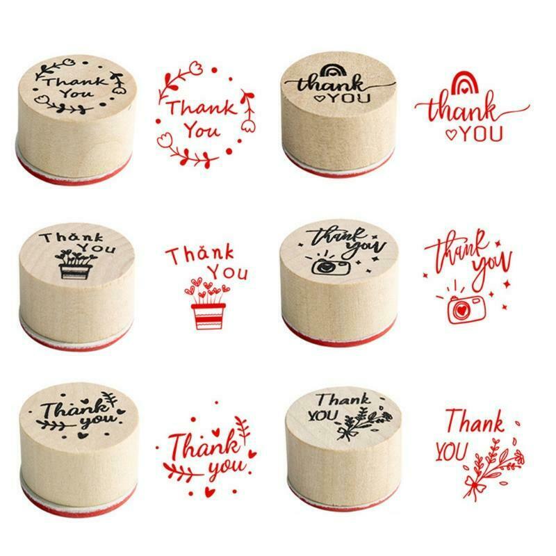 6pcs Card Making Stamps Set Thank You Decorative Mounted Wooden Rubber Stamp DIY