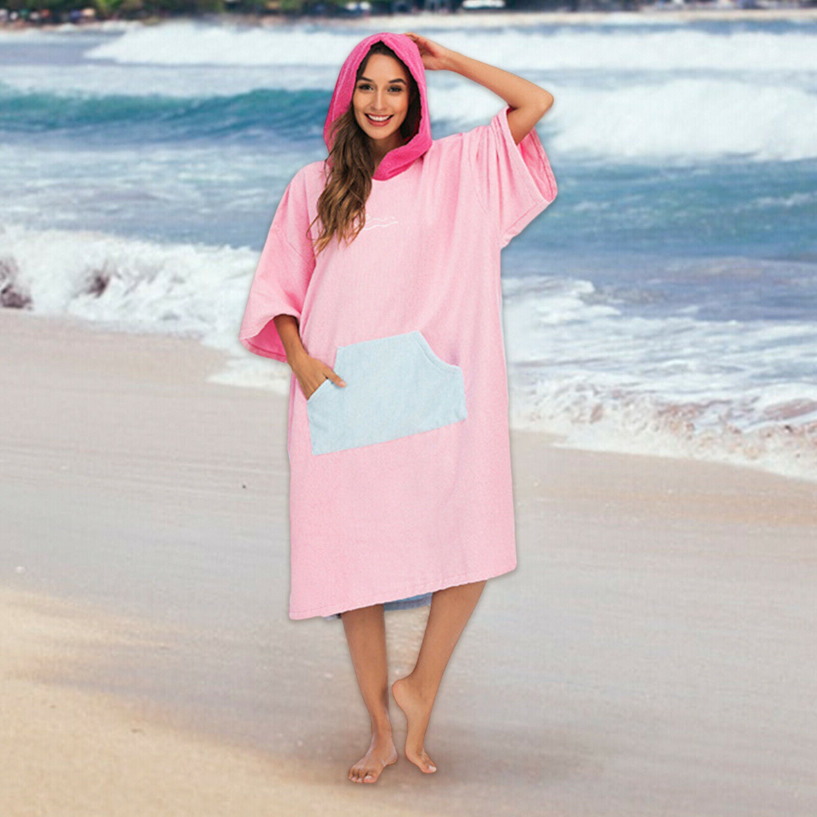 Surf Poncho Change Robe Hooded Thick Wetsuit Towel for Sports Men Women Pink