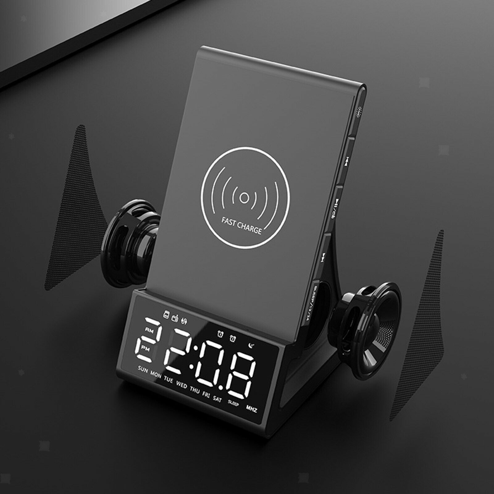 Alarm Clock 2in1 Fast Charging Pad Speaker for Phones Desktop Home Working