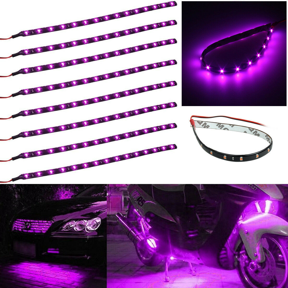 Lot8 Purple 15 LED 30CM Car Autos Grill Flexible Waterproof Light Strips SMD 12V