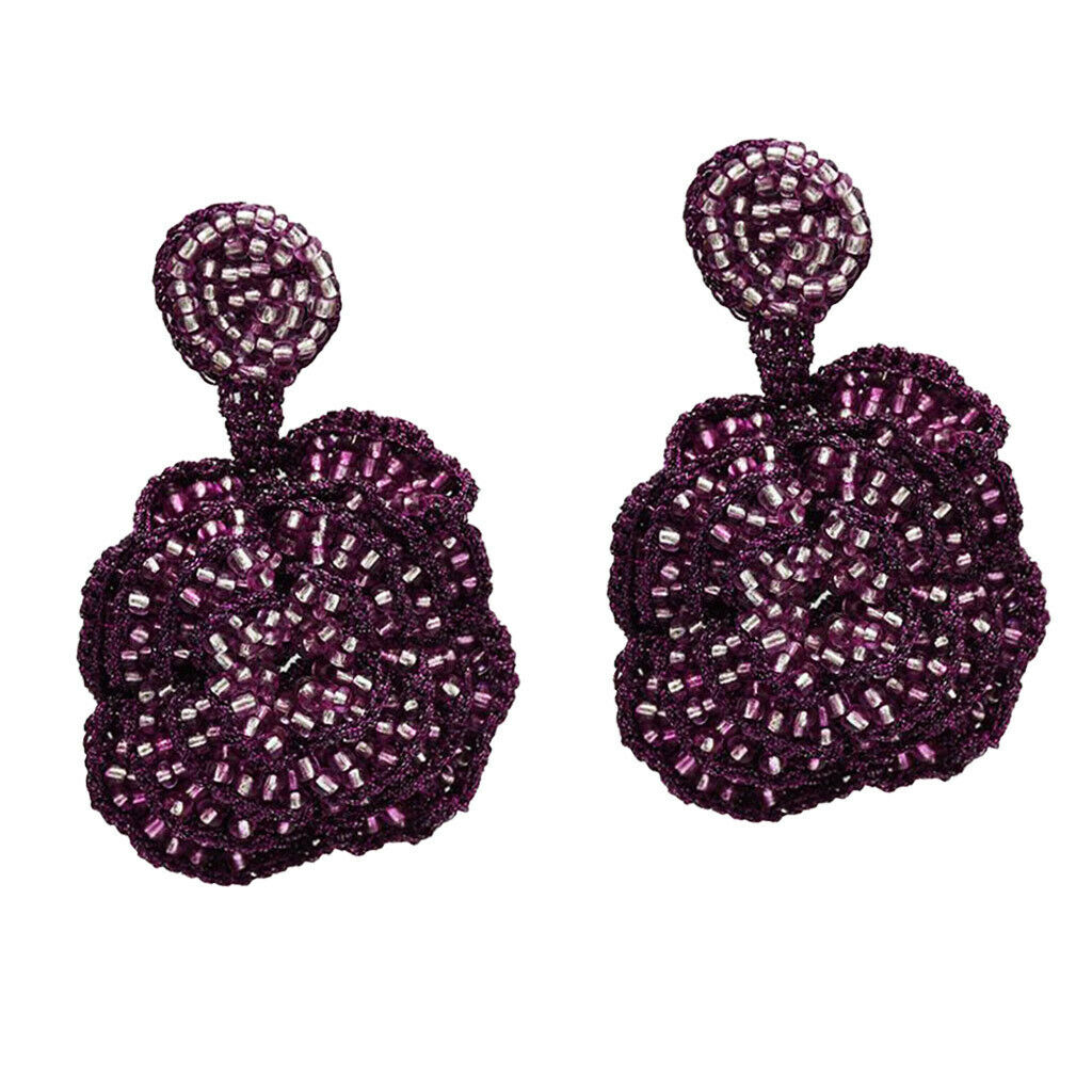 Exaggerated Rose Flower Dangle Earrings Beads Exquisite Studs Jewelry Purple