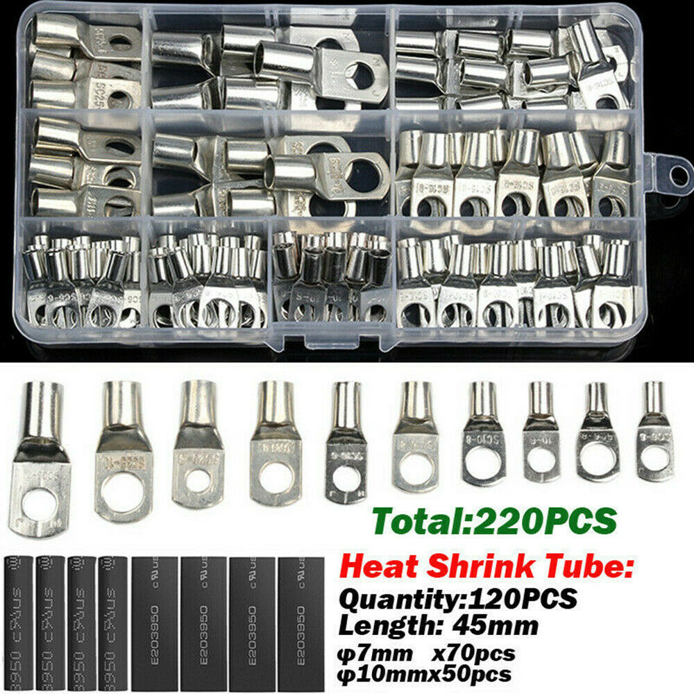 220pcs Assorted Copper Ring Lug Terminal Wire Bare Cable Crimp Connectors Kit