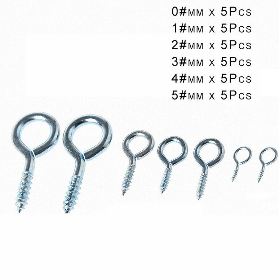 30Pcs 0# 1# 2# 3# 4# 5# Vine Eyes Eye Pins Hooks Eyelets Screws Kit- Zinc Plated