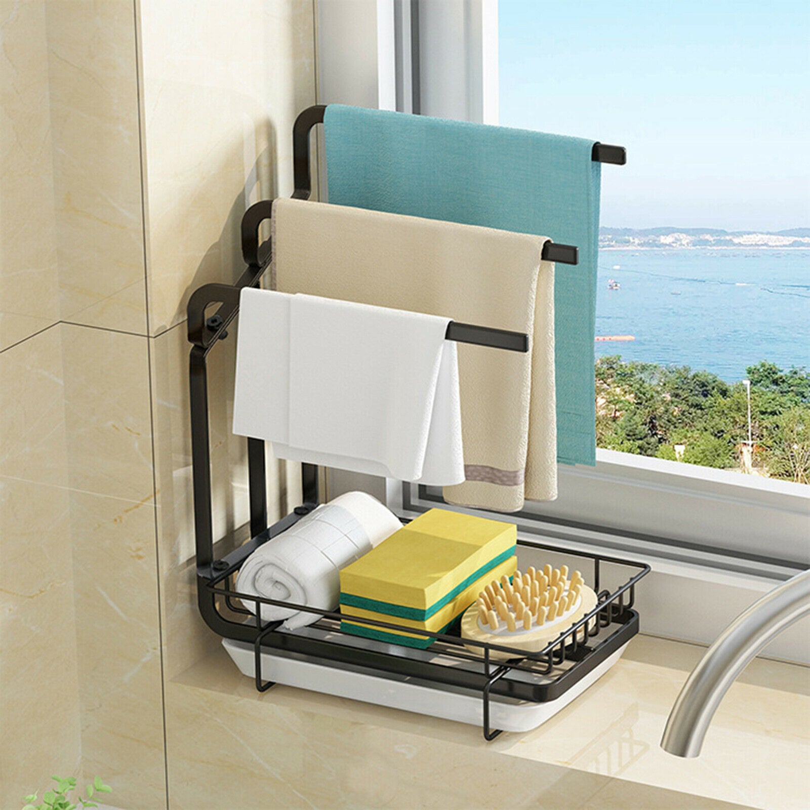 Stainless Steel Drying Rack Kitchen Storage Dishcloth Rack with Drain Pan