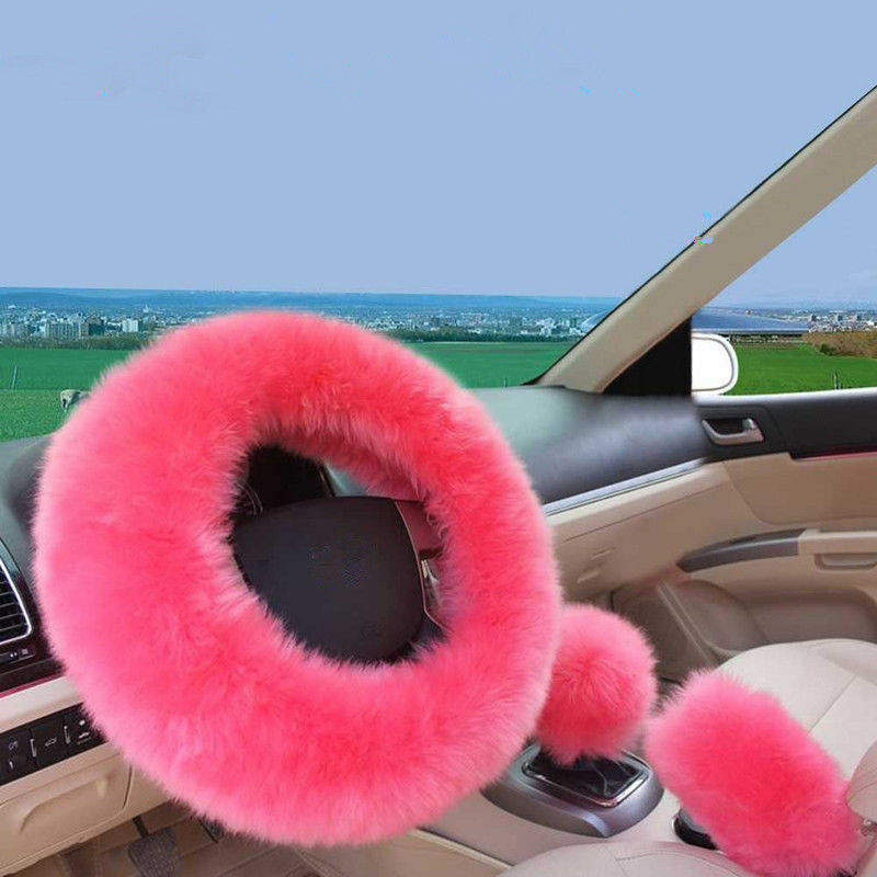 1Set Pink Furry Car Steering Wheel Cover + Shifter Cover + Parking Brake Cover
