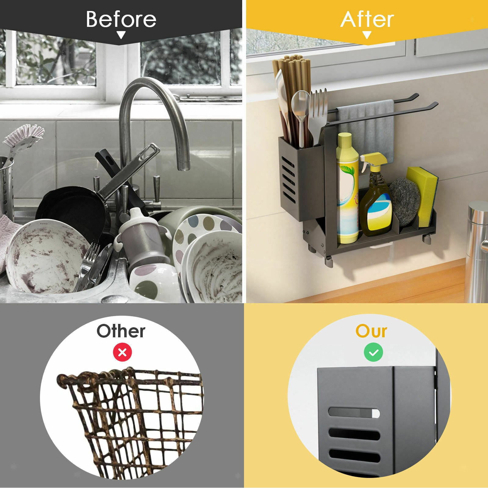 Aluminum Kitchen Sink Organizer Sponge Holder for Brush Dispenser Countertop