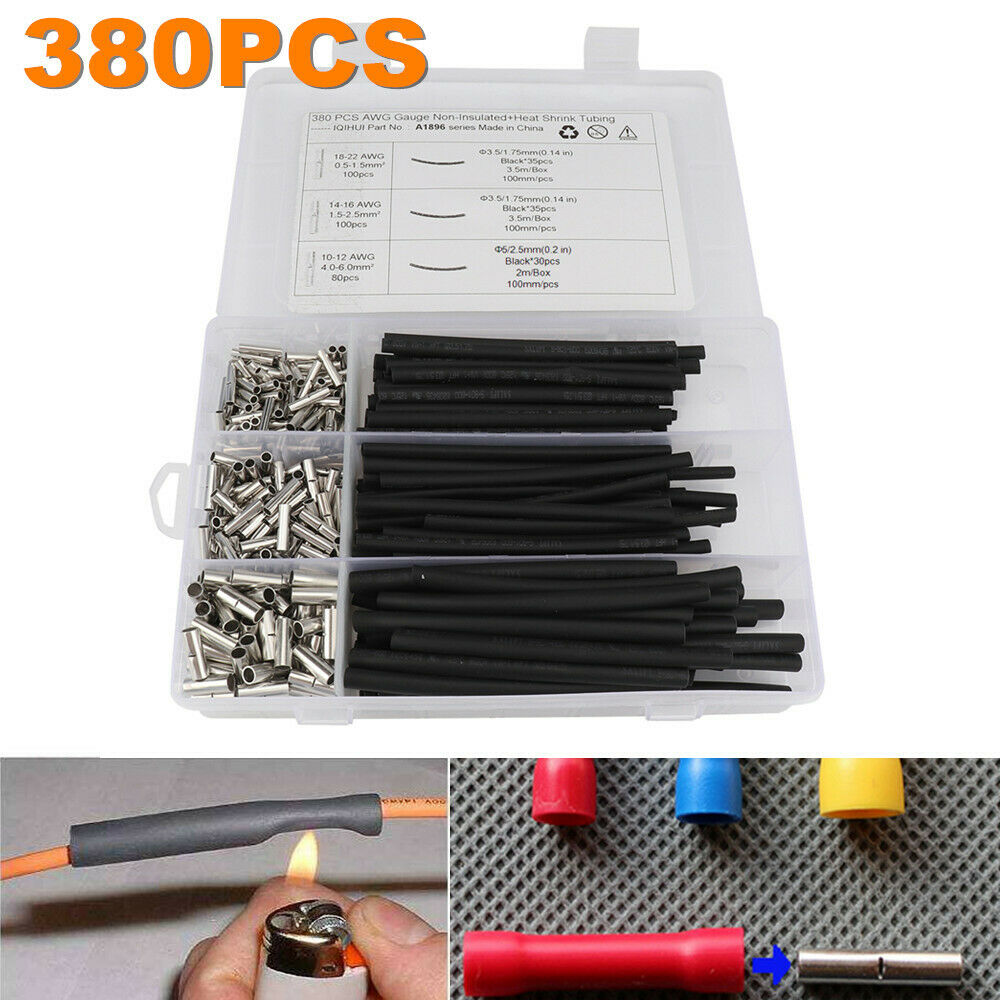 380PCS Car Boat Bare Middle Wire Terminal + Heat Shrinkable Tube Combination Kit