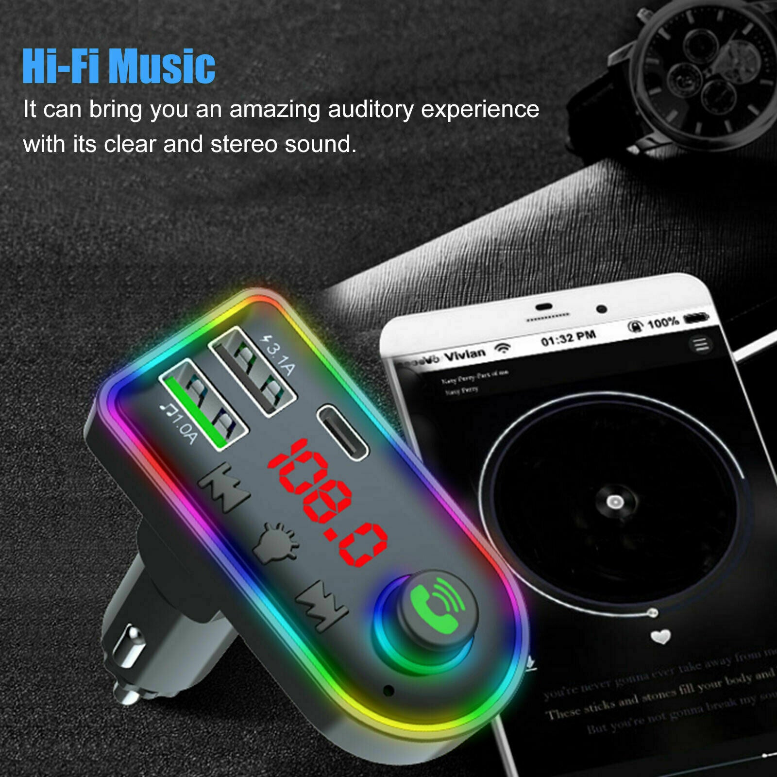 Auto Bluetooth FM Transmitter Wireless Audio Adapter Car Type-C Dual USB Charger