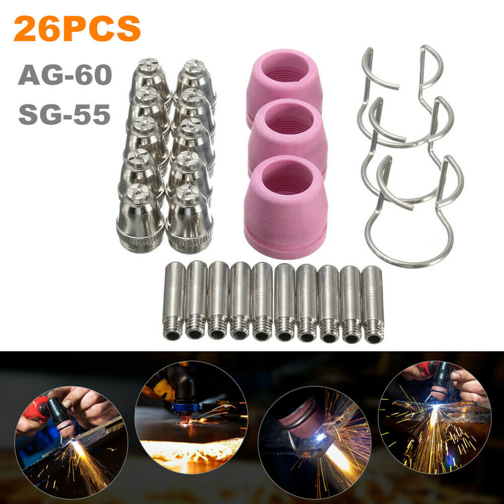 26PCS AG-60 / SG-55 Plasma Cutter Cap Torch Electrode Tip Conductive Nozzle Set