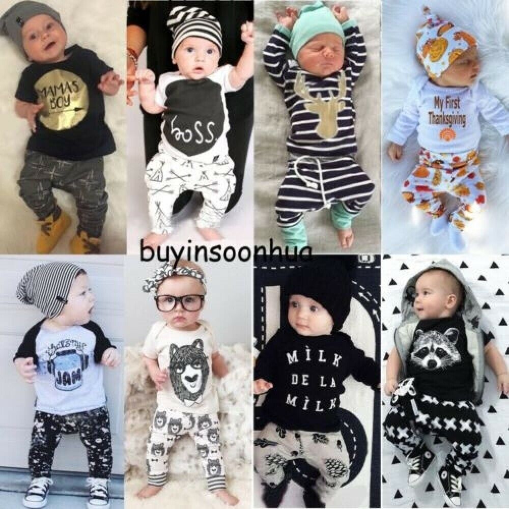 Newborn Baby Boys Girls Kids Casual T-shirt Tops+Long Pants Outfits Clothes Sets