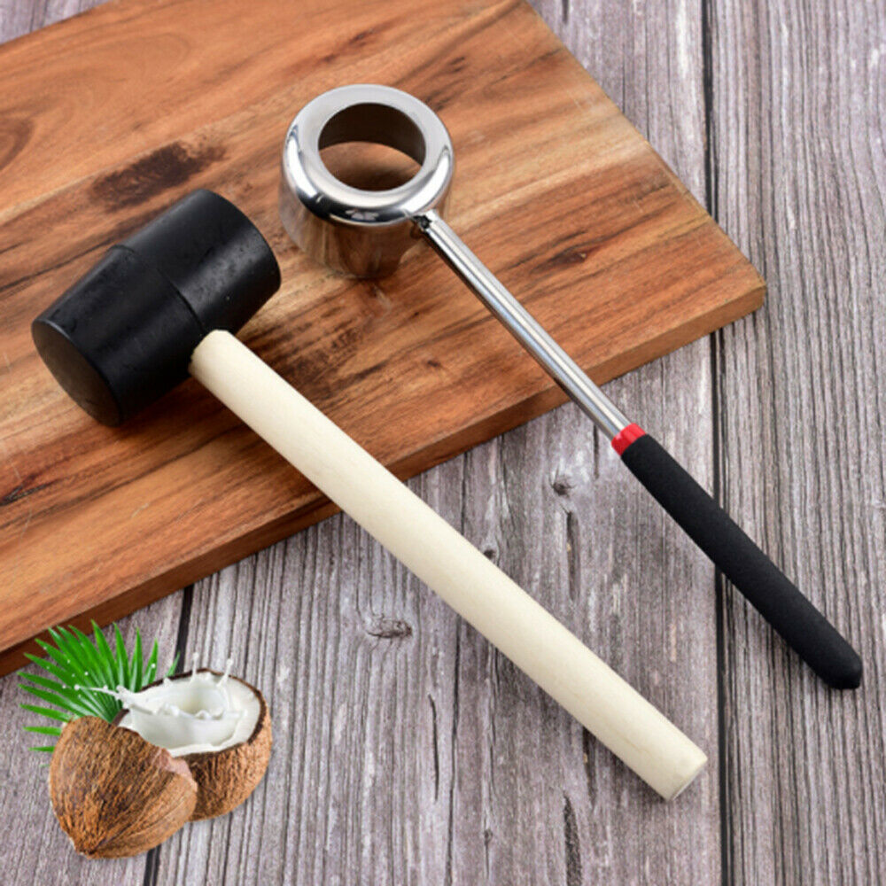 2Pcs/Set Stainless Steel Coconut Shell Opener Puncher Rubber Hammer Kitchen Tool