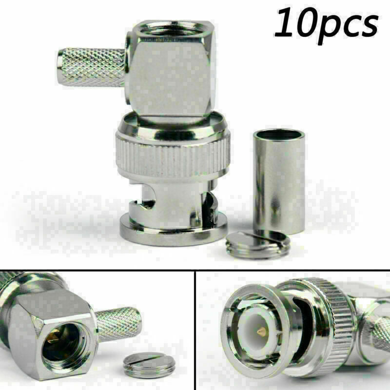 10PCS BNC Male Plug Right Angle Crimp RG58 LMR195 RG142 Cable RF Connector E CN