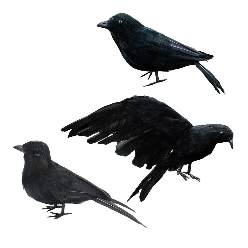 3x Realistic Crow Statue Bird Raven Black Garden Decor Artificial Feather