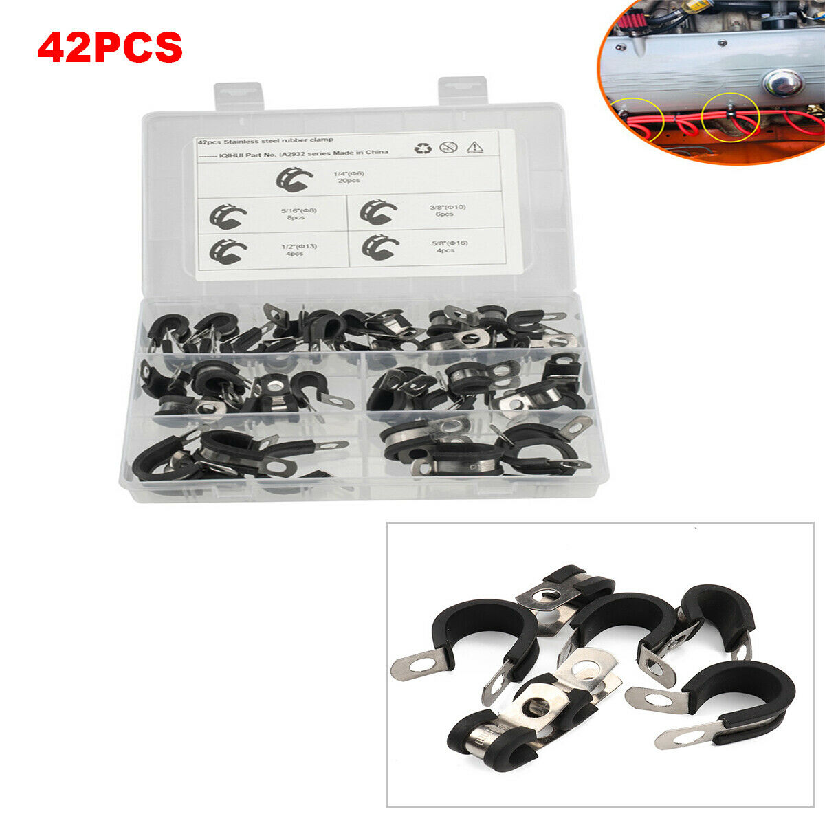42PC Universal Stainless Steel Hose Rubber Gasket Insulated Cable Clamp Tool Kit