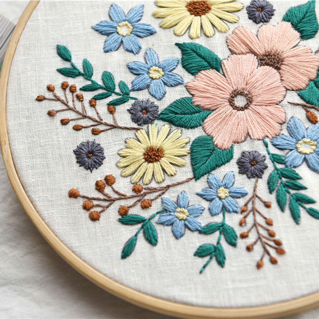 Flower Pattern Needle Thread Sewing Kits with Cross Stitch Hoop, Embroidery