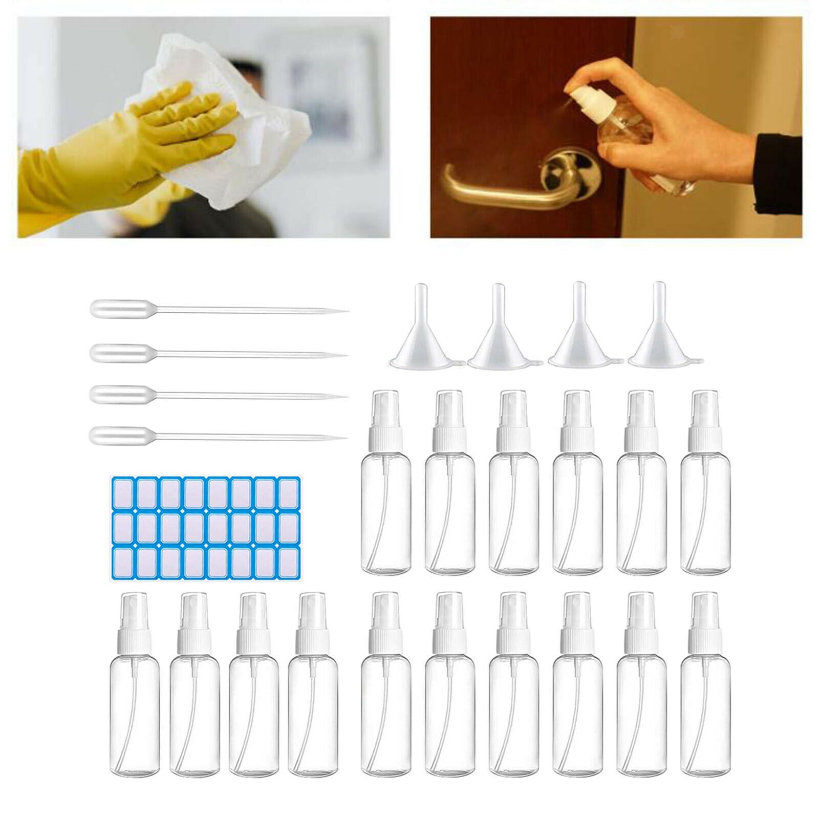 60ml 2oz 16x Empty Spray Bottle Home Refillable Plastic Bottles with Funnels
