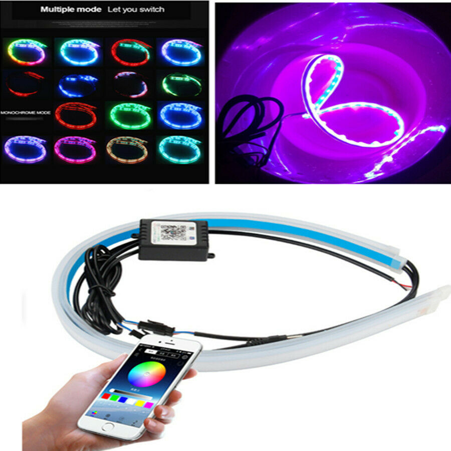 2x RGB Sequential Strip DRL Daytime Running w/APP Bluetooth Remote Control 45CM