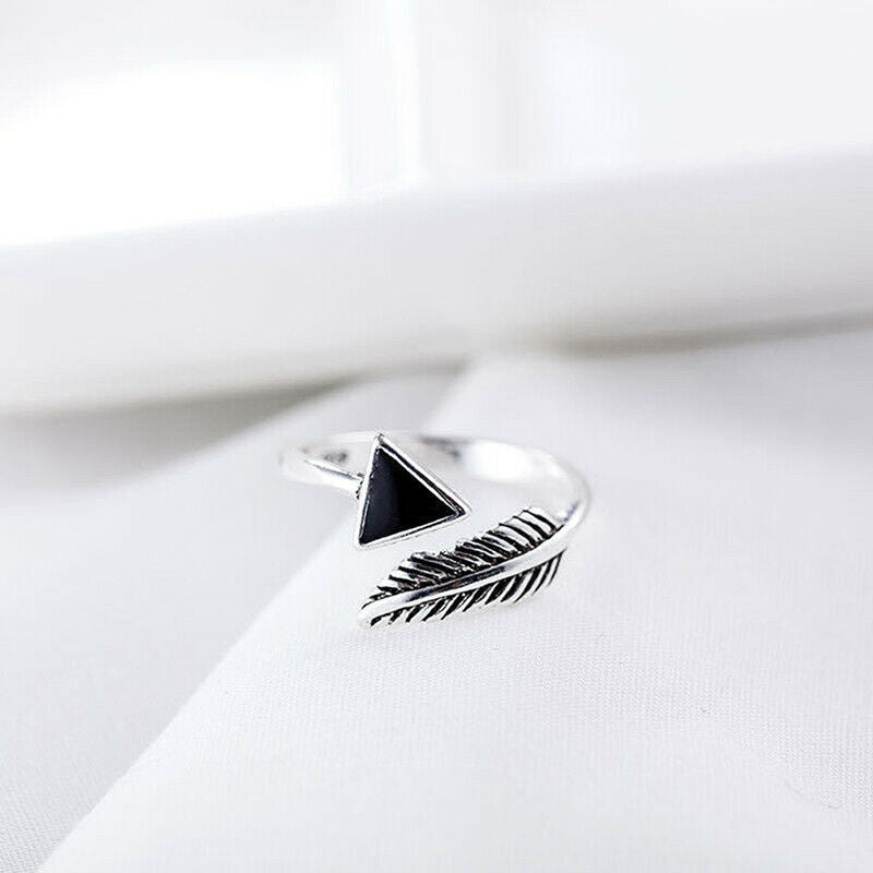 retro crystal triangle feather opening ring female jewel.l8