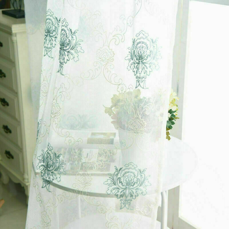 Embroidery Floral Net Curtain Pelmets Tulle Voile Window Panel Drape Sheer Blue