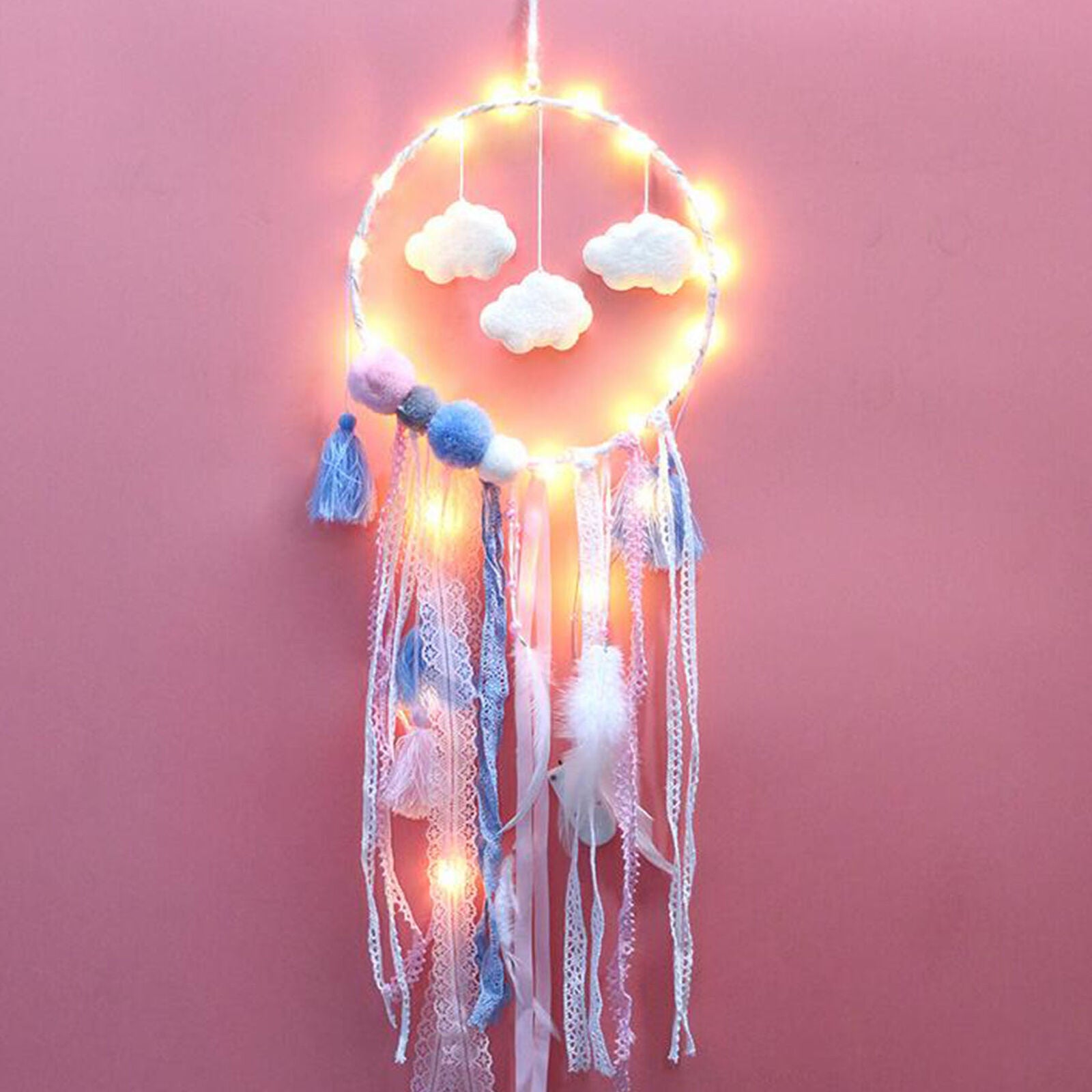 Pink Cloud LED Dream Catcher Baby Blue Pink Light up Room Decor Nursery Mobile