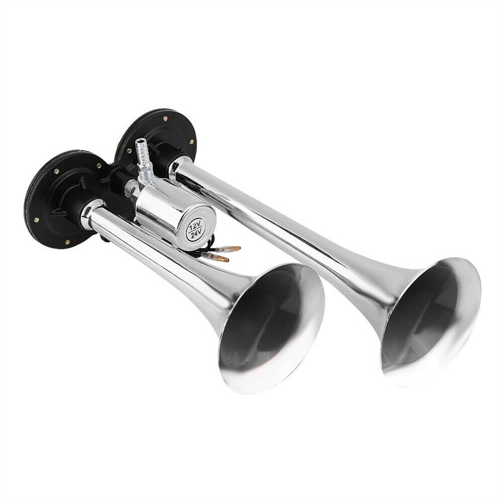 12V Truck Train Boat RV 150db Super Loud Dual Trumpet Air Horn Chrome W/Solenoid