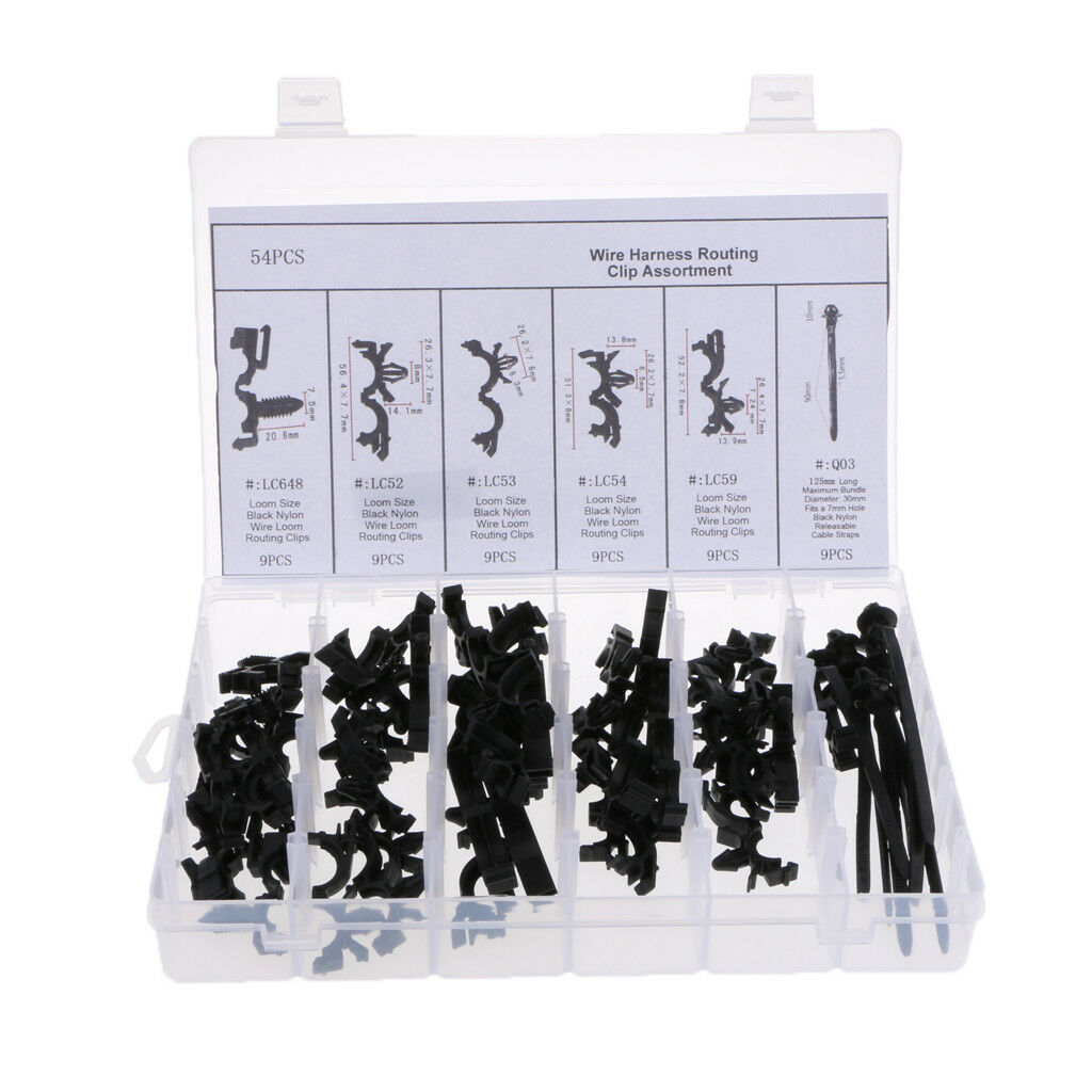 54pcs/Set Automotive Wire Loom Routing Clips 6 Kinds Clamps with Storage Box