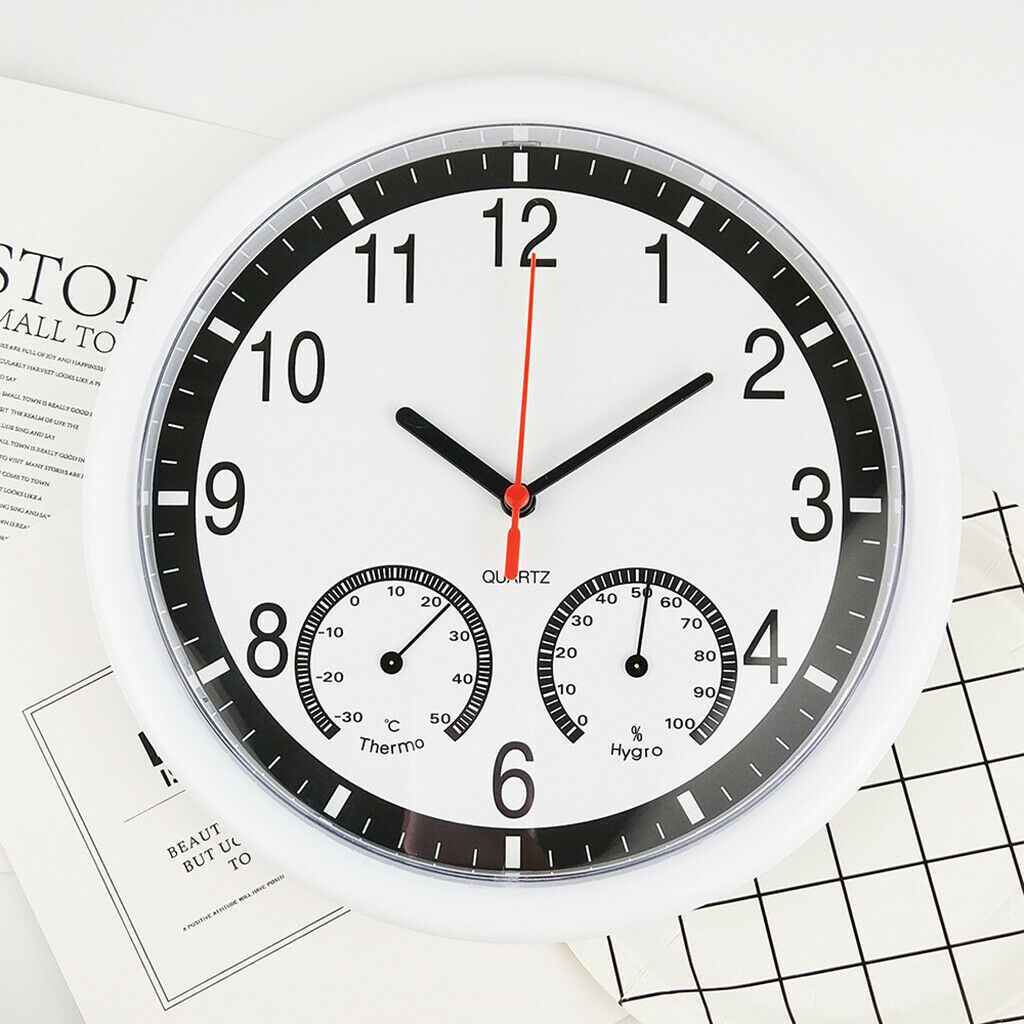 Quartz Wall Clock Temperature Humidity Display Modern Decorative for Home White