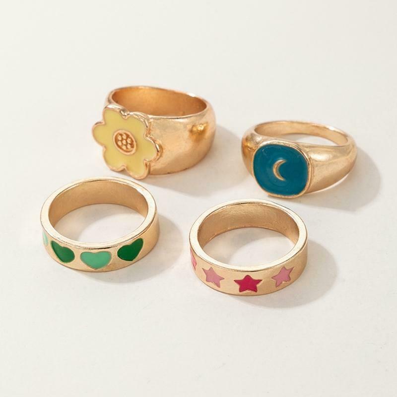 4 PCS Colorful Heart Ring Star Moon Alloy Rings Set for Women Girl Couple