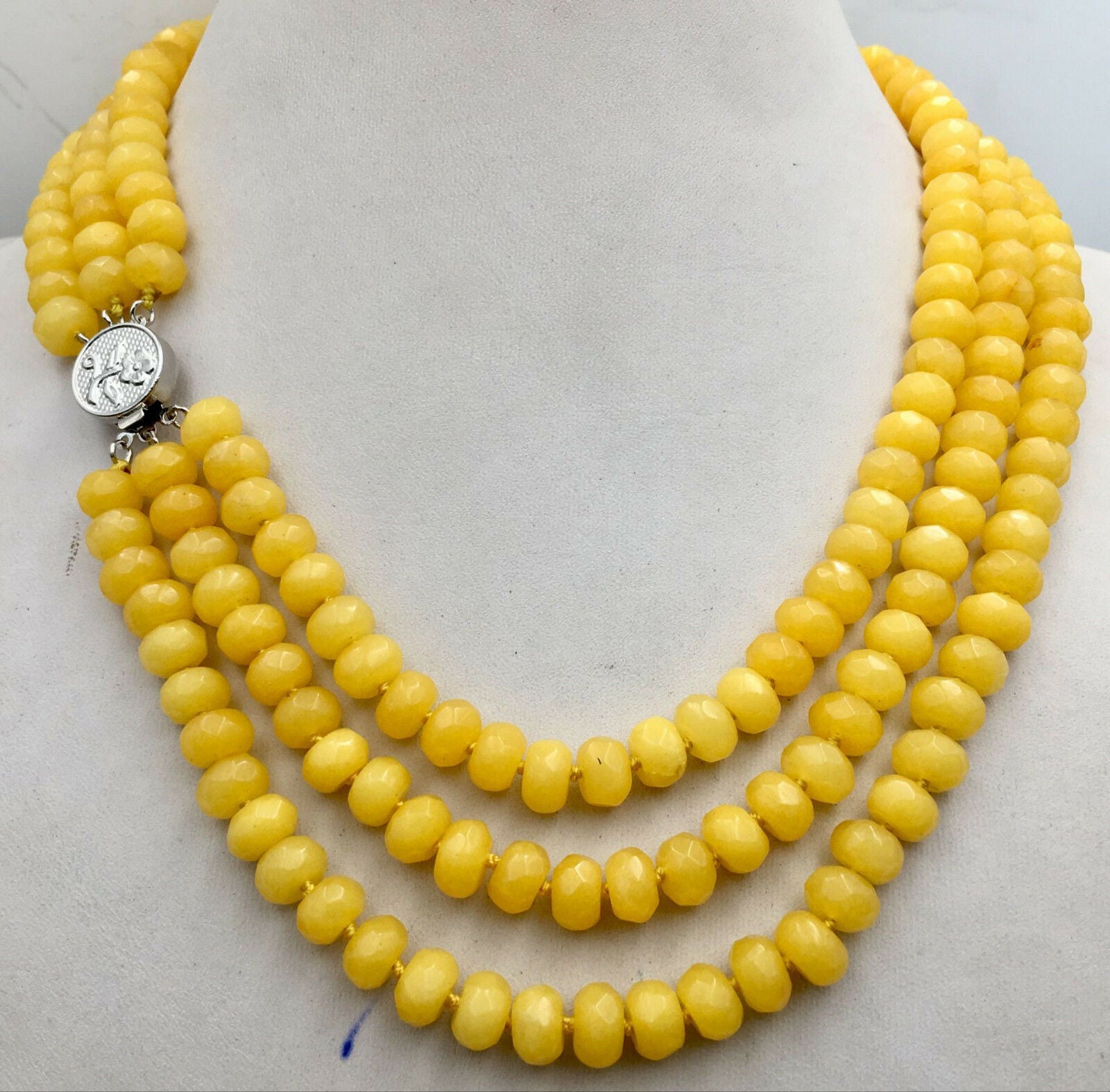 New Huge 5x8mm NATURAL yellow jade FACETED BEADS NECKLACE 3 Row 18-20''