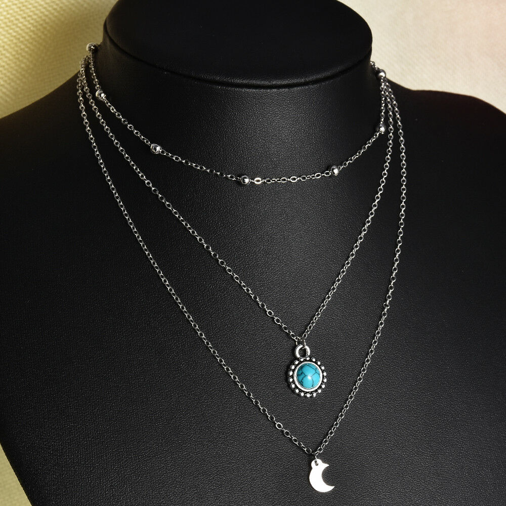 Fashion Multi-Layer Choker Turquoise Moon Pendant Chain Necklace Boho Jewelry