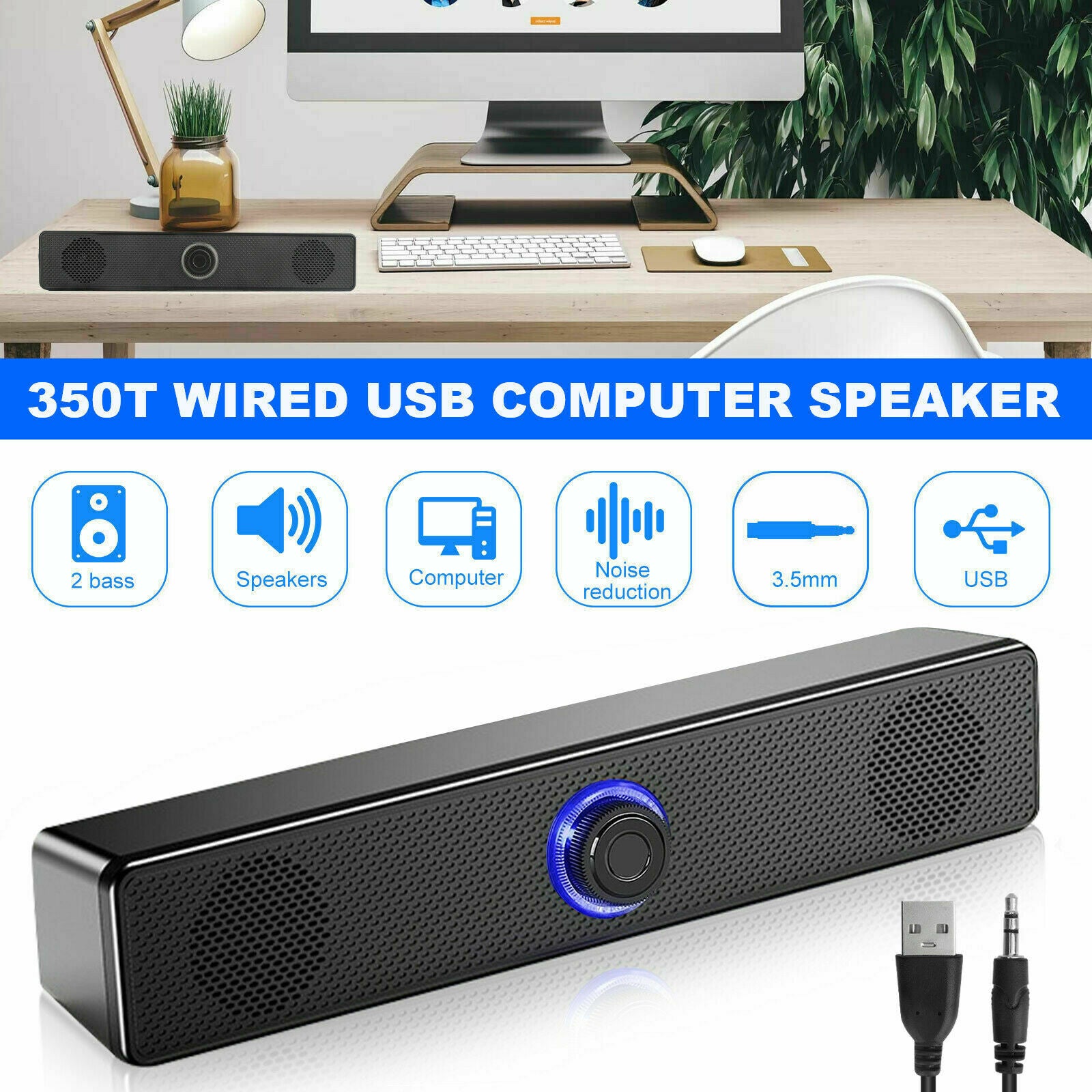 Stereo Bass Sound Computer Speakers 3.5mm USB Wired Soundbar for Laptop Desktop