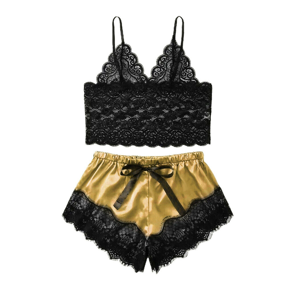 Women's Pajama Short Nightwear Lace Bralette Top & Shorts Homewear Golden XL