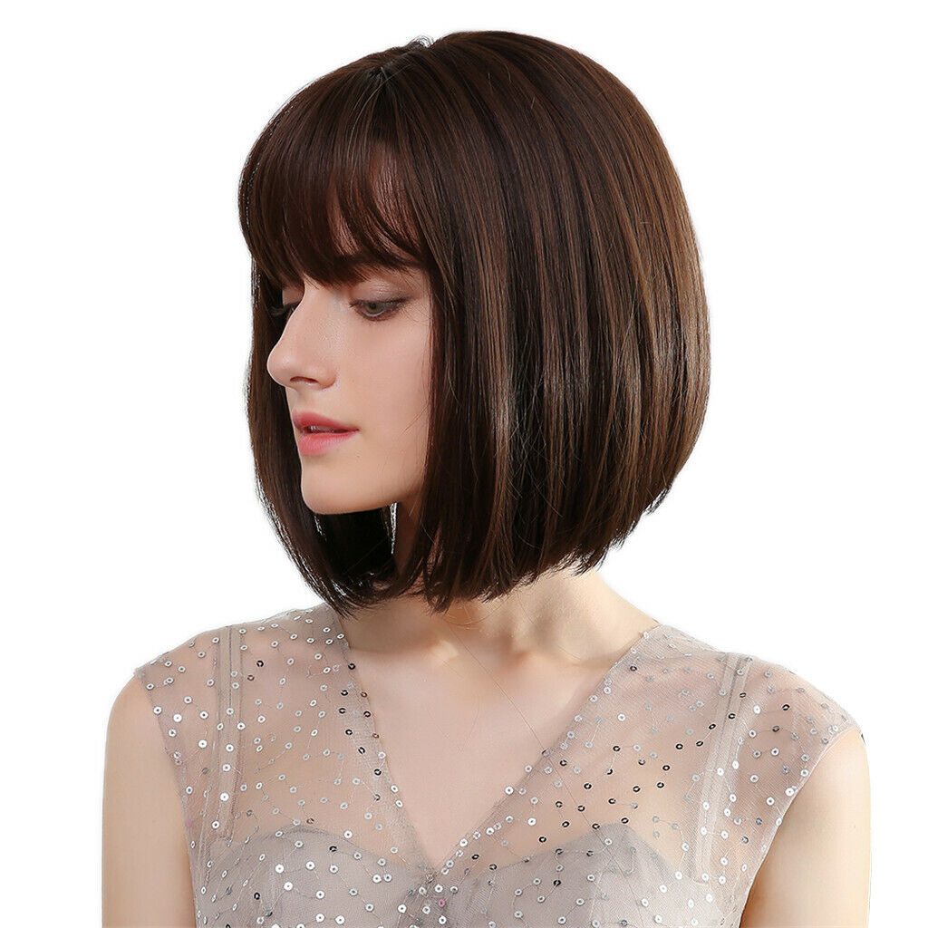 12'' Short Bob Wigs Costume Dating Party Full Wig with Neat Bangs Dark Brown