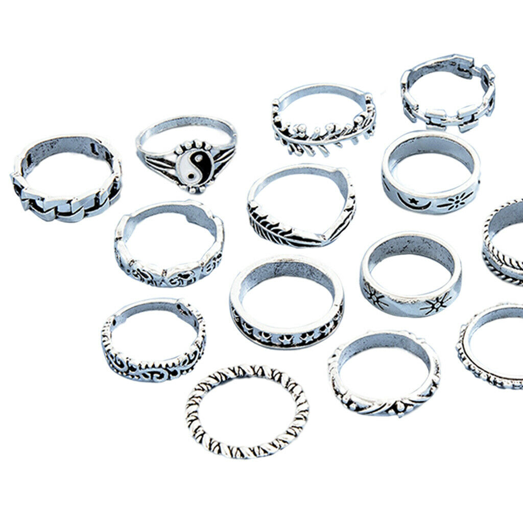 14pcs Boho Retro Alloy Punk Rings for Men Women Girls Tai Chi Rings Fashion