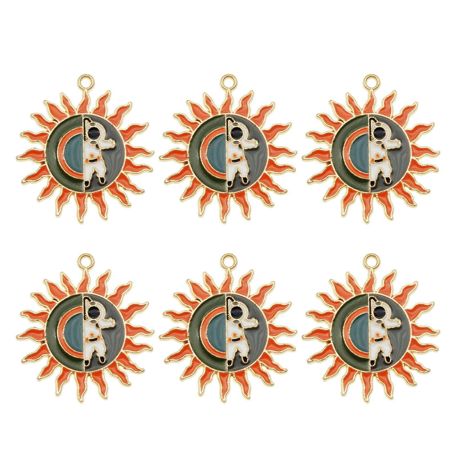 6PCS Enamel Colorful 33x30mm Spacer Astronaut Sun Charms Pendant Jewelry Making