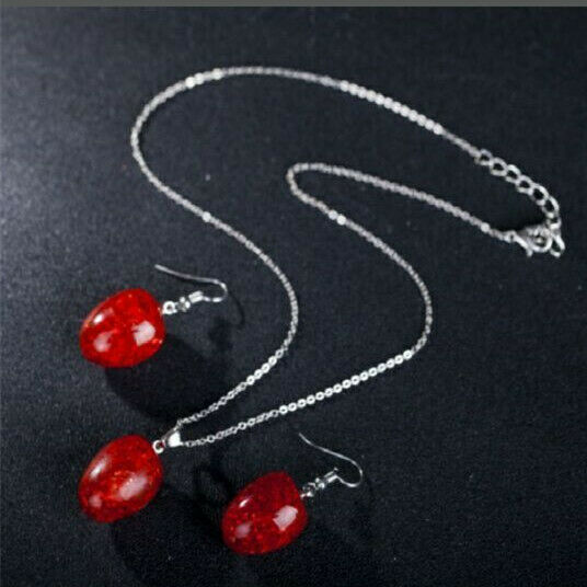 Women'S Chic Tear Drop Red Pendant Necklace+Earring Wedding Jewelry Set