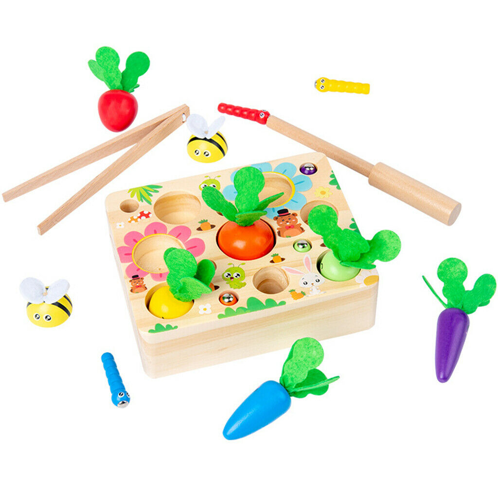 Wooden Pulling Carrot Insect Magnetic Game Montessori Learning Block Puzzles