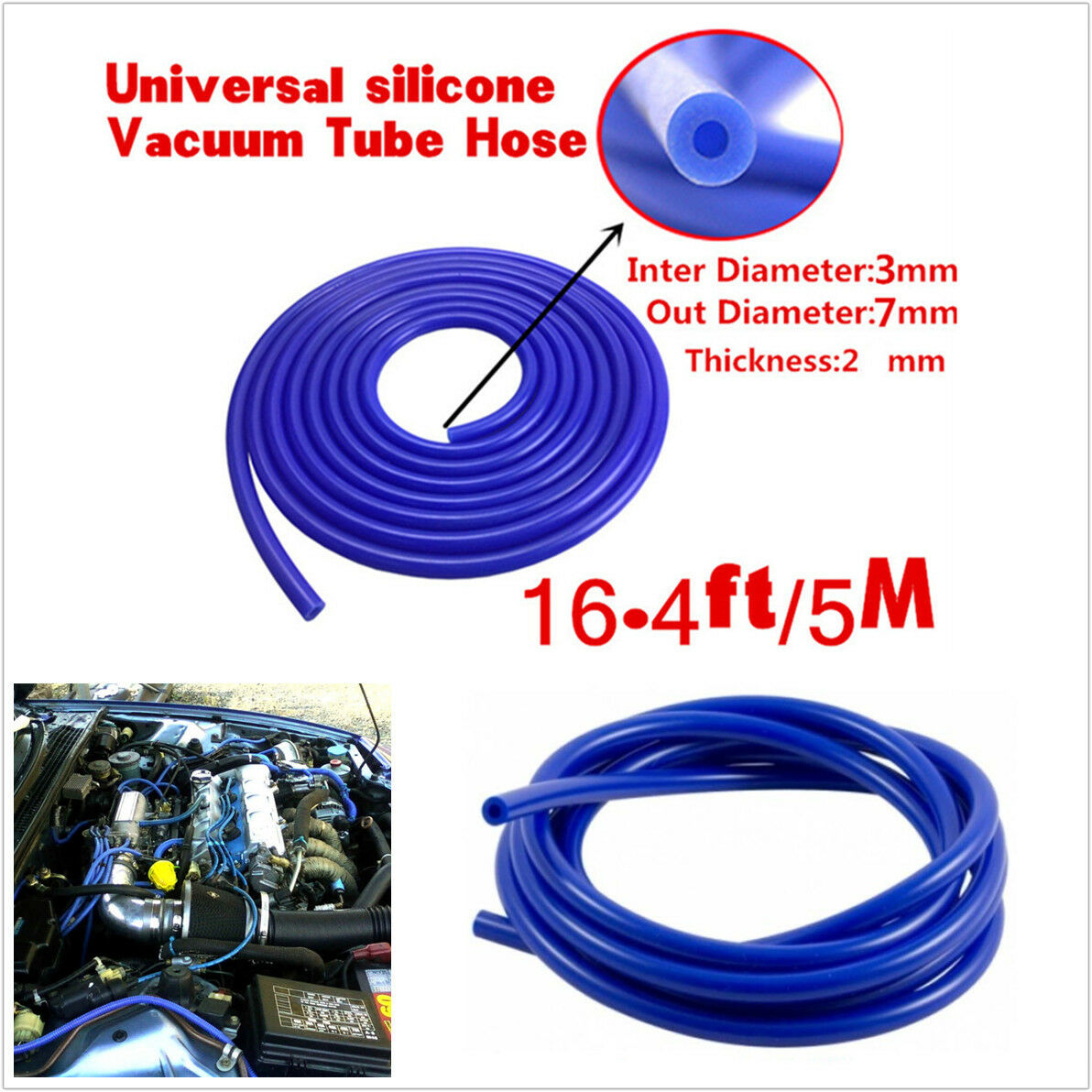 Auto Car Universal Blue 3mm Silicone Vacuum Tube Hose Silicon Tubing 16.4ft 5M