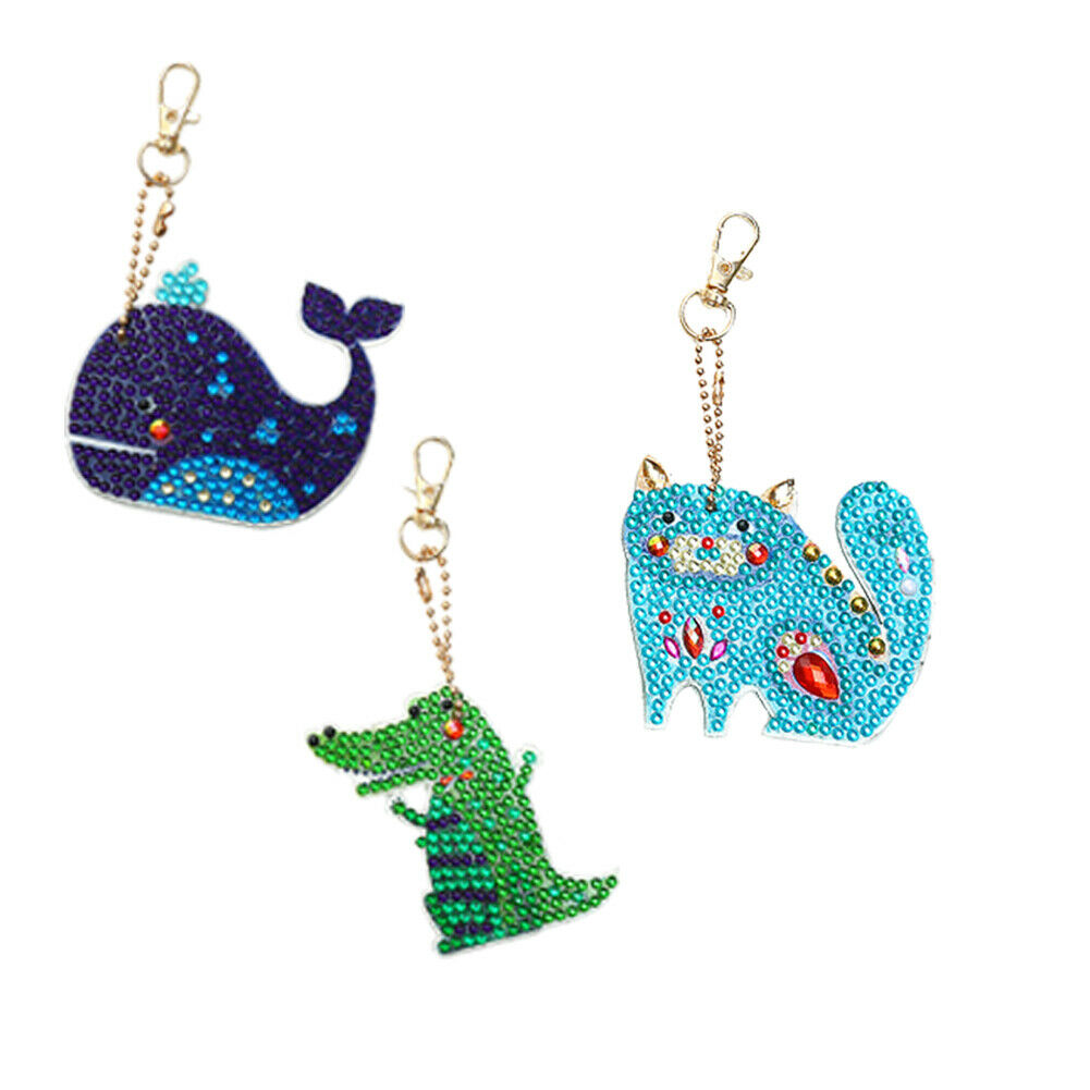 3pcs Full Drill Diamond Painting Keychain Cartoon Animals Key Ring Pendants @