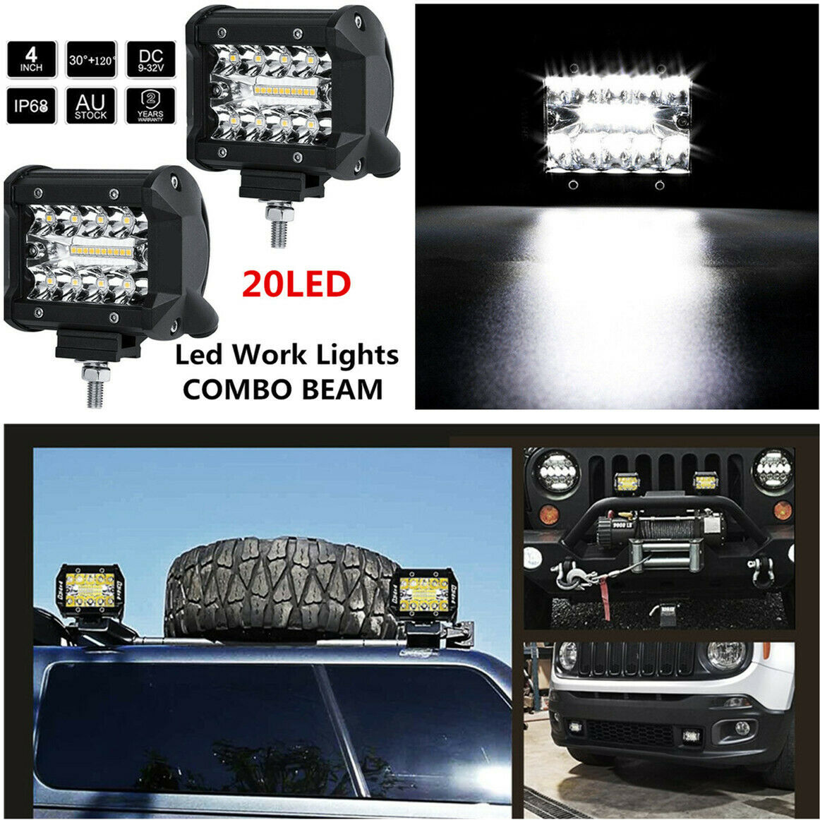 2x 4'' 60W 20-LED CREE Work Fog Light Bars Offroad SPOT FLOOD Work Driving Lamp