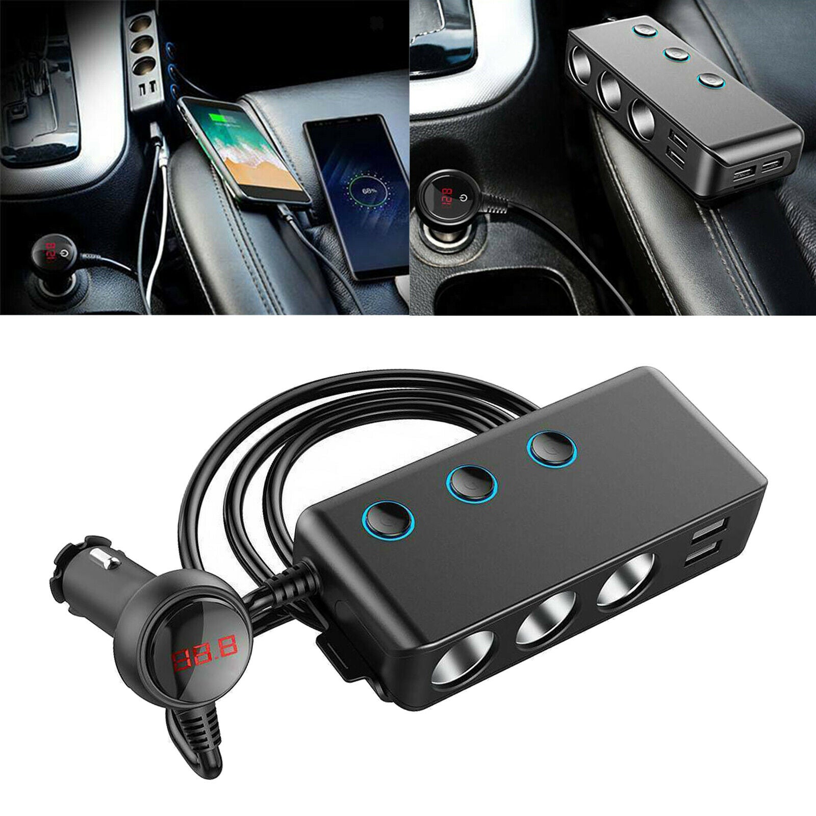 Car Charger Extension Cigarette Lighter Adapter 3-Socket Splitter Black