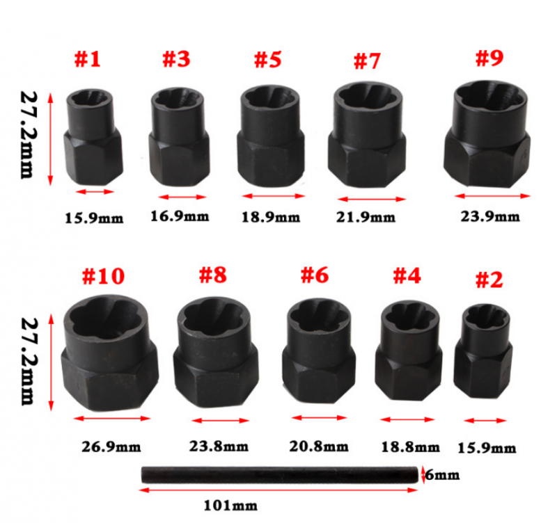 11PC Nut Extractor Metric High Hardness Abrasion Incomplete Nut Repair Household
