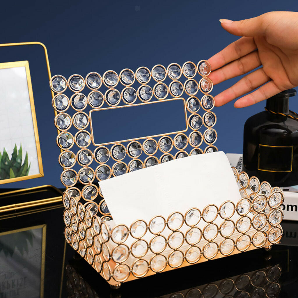 Crystal Facial Tissue Box Cover Golden Rhinestones Napkin Case Kitchen Home