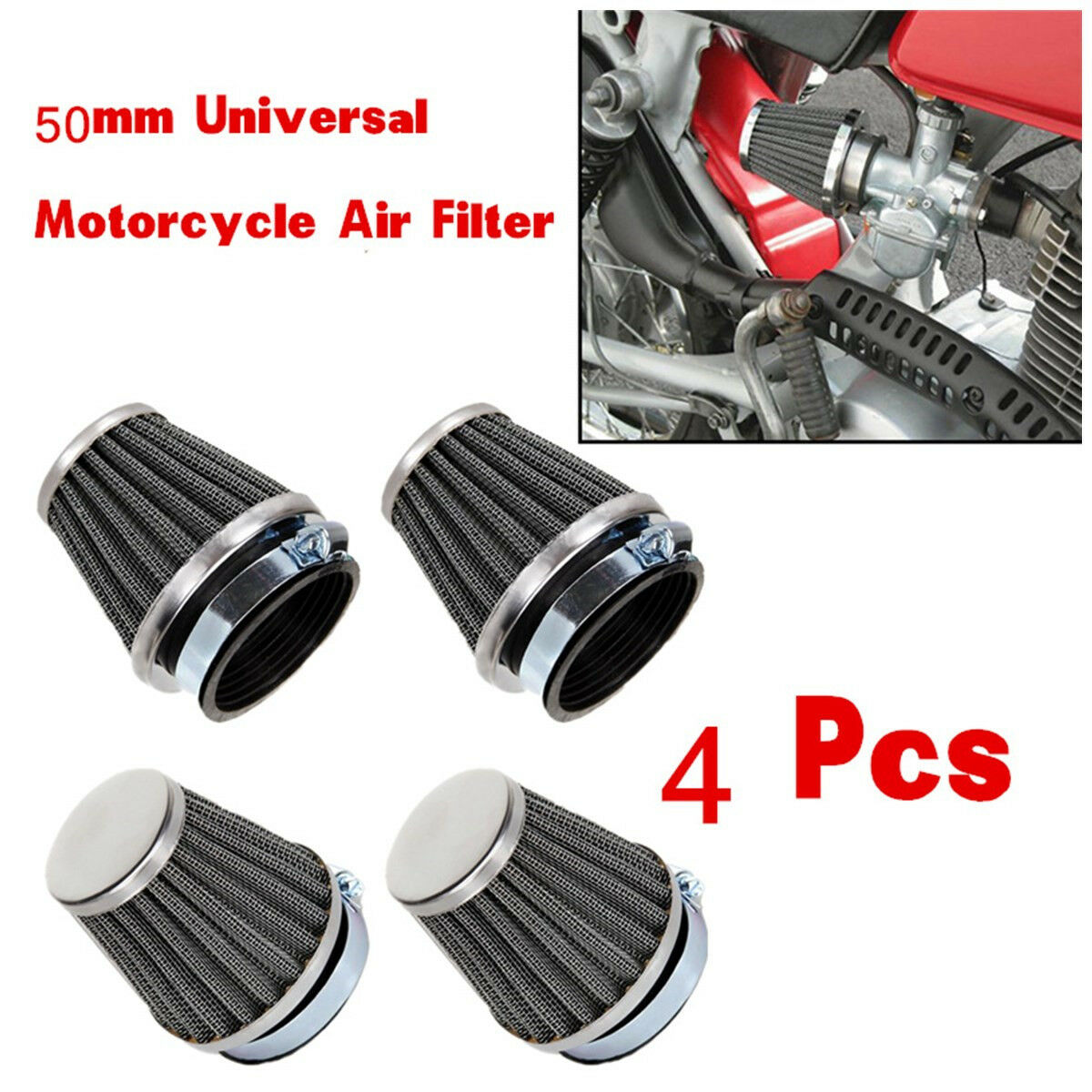 4Pcs 50mm Universal Tapered Chrome Air Filters Cleaner for Motorcycle Cafe Racer
